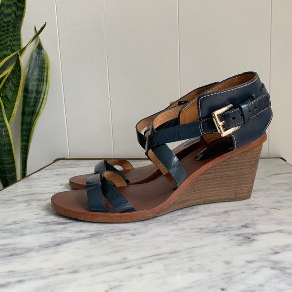 Coach Navy Leather Wedge Sandals size 9.5 - Picture 2 of 10